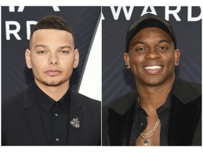 This combination photo shows country singers Kane Brown, left, and Jimmie Allen at the 52nd annual CMA Awards in Nashville, Tenn. Allen has made history as the first black artist to have his debut single reach No. 1 on country radio, and it happened on the same week Kane Brown, who is black and white, has the top country album in the U.S.
