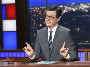 This Nov. 6, 2018 photo released by CBS shows host Stephen Colbert on the set of "The Late Show with Stephen Colbert" in New York. A think tank that has studied the content of late-night comedy for the past 26 years says Trump was the butt of more jokes in 2017 than any other public figure has for a single year. By a lot. The Center for Media and Public Affairs at George Mason University, which released a study on Friday, said the record-holder before that was President Clinton in 1998, the year of Monica Lewinsky.