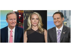 This combination of photos shows Fox News Channel personalities, from left, Steve Doocy, Dana Perino and Brian Kilmeade. Doocy will host a cooking show, tied to a cookbook he's releasing, Perino will have a book club highlighting new releases and Kilmeade, a history buff, will host a show called, "What Makes America Great," on the new streaming service Fox Nation, that launches Tuesday. (AP Photo)