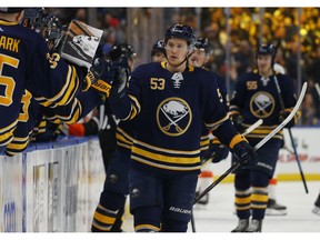 Buffalo Sabres forward Jeff Skinner (53) celebrates a goal during the first period of an hockey game against the Philadelphia Flyers, Wednesday, Nov. 21, 2018, in Buffalo N.Y.