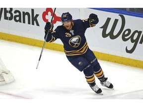 Buffalo Sabres forward Jason Pominville (29) celebrates a goal during the first period of an NHL hockey game against the Ottawa Senators, Saturday, Nov. 3, 2018, in Buffalo, N.Y.