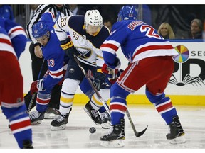 Buffalo Sabres left wing Jeff Skinner (53) plays the puck against New York Rangers center Kevin Hayes (13) and defenseman Kevin Shattenkirk (22) during the first period of an NHL hockey game, Sunday, Nov. 4, 2018, in New York.