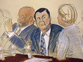 In this courtroom sketch Joaquin "El Chapo" Guzman, center, sits next to his defense attorney Eduardo Balazero, left, for opening statements as Guzman's high-security trial gets underway in the Brooklyn borough of New York, Tuesday, Nov. 13, 2018. Guzman pleaded not guilty to charges that he amassed a multi-billion-dollar fortune smuggling tons of cocaine and other drugs in a vast supply chain that reached New York, New Jersey, Texas and elsewhere north of the border. The infamous Mexican drug lord has been held in solitary confinement since his extradition to the United States early last year.