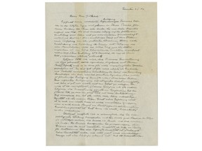 This undated photo provided by Christie's shows the first page of Albert Einstein's "God Letter," dated January 3, 1954.in which he offers his candid and unvarnished opinion that: "The word God is for me nothing but the expression and product of human weaknesses, the Bible a collection of venerable but still rather primitive legends." It is being auctioned by Christie's on Dec. 4, 2018. (Christie's via AP)