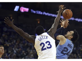 Memphis Grizzlies' Dillon Brooks, right, shoots against Golden State Warriors' Draymond Green (23) during the first half of an NBA basketball game Monday, Nov. 5, 2018, in Oakland, Calif.