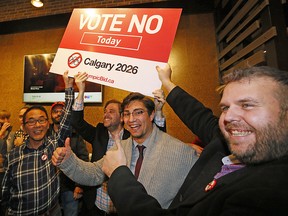 'No Calgary' reacts in Calgary on Tuesday November 13, 2018, as they win the plebiscite for the Olympics 2026.
