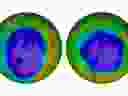 This combination of images made available by NASA shows areas of low ozone above Antarctica on September 2000, left, and September 2018. The purple and blue colours are where there is the least ozone, and the yellows and reds are where there is more ozone. 