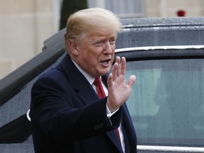 U.S President Donald Trump gestures outside the Elysee Palace after his talks with French President Emmanuel Macron in Paris, Saturday, Nov.10, 2018. Trump is joining other world leaders at centennial commemorations in Paris this weekend to mark the end of World War I.