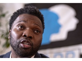 Daniel Louis responds to a question during a news conference in Montreal on Wednesday, Nov. 21, 2018. The Montreal man was pepper sprayed by Montreal police while sitting in his car during Grand Prix festivities early this year.