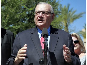 FILE - In this May 22, 2018, file photo, former Maricopa County Sheriff Joe Arpaio speaks during a campaign event in Phoenix. A judge who ordered taxpayer-funded compensation for Latinos who were illegally detained when Arpaio defied a 2011 court order has declined to give the victims six more months to apply for the money. The ruling means the one-year period for filing claims ends Dec. 3.