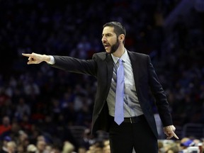 Charlotte Hornets head coach James Borrego yells to his team during the first half of an NBA basketball game against the Philadelphia 76ers, Friday, Nov. 9, 2018, in Philadelphia.