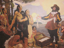 Samuel de Champlain, regarded as the founder of Quebec, speaks with Indigenous people in this 1911 painting.