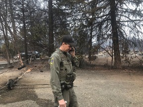 California Department of Fish and Wildlife warden Jake Olsen tells his wife her wedding ring was found in the ashes of their home they share with their four children in Paradise, Calif., Saturday, Nov. 10, 2018. His colleague helped him sift through the rubble Saturday and found his wife's wedding ring. A few minutes later, she called to check in and he tearfully told her the good news. "It's something," he said with a sad smile. His wife told Olsen where she left her ring in their bedroom, and that's where it was found.