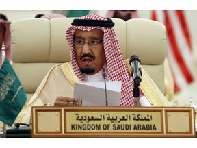 FILE - In this Oct. 22, 2017 file photo, Saudi King Salman speaks during a meeting of the Saudi-Iraqi Bilateral Coordination Council, in Riyadh, Saudi Arabia. The monarch has begun a domestic tour with a first stop in the conservative heartland of Qassim province, where he pardoned prisoners serving time on financial charges and announced 16 billion riyals -- about $4.27 billion -- in new projects. This is King Salman's first such tour since he ascended to the throne in 2015 and comes as Saudi Arabia faces international pressure following the killing of writer Jamal Khashoggi in the Saudi Consulate in Istanbul in Oct.2018.