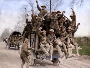 A colourized photo of Canadian soldiers returning from Vimy Ridge  is seen in the Vimy Foundation's new book, They Fought in Colour.
