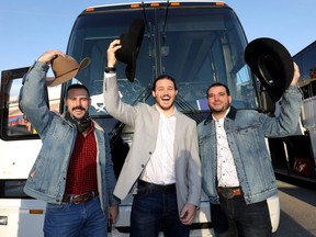 Calgary Stampeders L-R, Eric Mezzalira, Alex Singleton, Rene Paredes and the rest of their teammates leave McMahon stadium enroute to the 106th Grey Cup in Edmonton on Tuesday November 20, 2018.