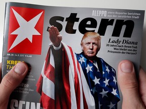 The front cover of Germany's "Stern" news magazine shows U.S. President Donald Trump draped in the American flag while giving a stiff-armed Nazi salute on Aug. 25, 2017.