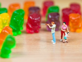 Gummy bear invasion. Junk food concept