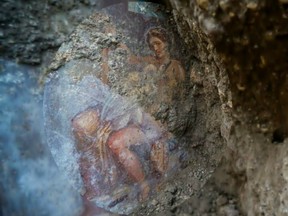 The fresco ''Leda e il cigno'' (Leda and the swan) discovered last Friday in the Regio V archeological area in Pompeii, near Naples, Italy, is seen Monday, Nov. 19, 2018. The fresco depicts a story and art subject of Greek mythology, with goddess Leda being impregnated by Zeus - Jupiter in Roman mythology - in the form of a swan.