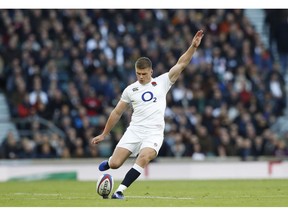 England's Owen Farrell kicks a penalty during the rugby union international between England and South Africa at Twickenham stadium in London, Saturday, Nov. 3, 2018.