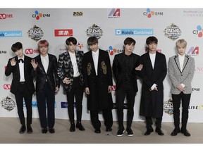 FILE - In this Dec. 2, 2016, file photo, members of South Korean K-Pop music band BTS pose for photos on the red carpet of the 2016 Mnet Asian Music Awards (MAMA) in Hong Kong. The agency for the South Korean band BTS has apologized for a member wearing a T-shirt depicting the explosion of an atomic bomb. The Big Hit Entertainment said in a statement Wednesday, Nov. 14, 2018, it was offering "our sincere apologies" for "failing to take the precautions that could have prevented the wearing of such clothing by our artist."