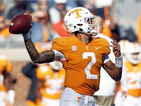 Tennessee quarterback Jarrett Guarantano (2) throws to a receiver during an NCAA college football game against Charlotte, Saturday, Nov. 3, 2018, in Knoxville, Tenn.