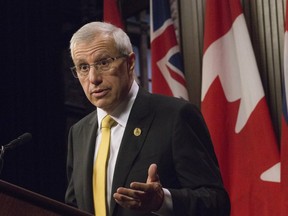 Vic Fedeli speaks to the media after speaking in the legislature at Queen's Park this afternoon, speaking on the Economic Outlook For Ontario. Toronto, Ont. on Thursday November 15, 2018.