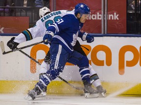 Toronto Maple Leafs Jake Gardiner during 2nd period action against San Jose Sharks Melker Karlsson at the Scotiabank Arena in Toronto on Wednesday November 28, 2018. Ernest Doroszuk/Toronto Sun/Postmedia