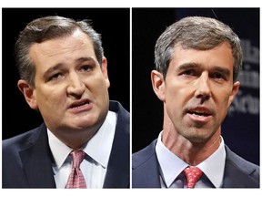 FILE - This combination of Sept. 21, 2018, file photos show Republican U.S. Sen. Ted Cruz, left, and Democratic U.S. Rep. Beto O'Rourke, right, during their first Senate debate in Dallas. The anniversary of the deadliest church shooting in the nation's history _ when a gunman killed 25 people in a rural church near San Antonio _ is the day before the Texas Senate election between Republican incumbent Ted Cruz and rising Democratic star Beto O'Rourke. But you wouldn't know it spending time with either campaign. That massacre in Sutherland Springs, and another Texas mass shooting at Santa Fe High School near Houston about six months later, aren't the race's top issues.