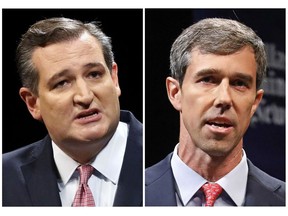 FILE - This combination of Sept. 21, 2018, file photos shows Republican U.S. Sen. Ted Cruz, left, and Democratic U.S. Rep. Beto O'Rourke, right, during their first Senate debate in Dallas. Win or lose Texas' high-profile Senate race on Tuesday, Nov. 6, both Cruz and O'Rourke probably still have bright political futures, perhaps even plausible White House aspirations.