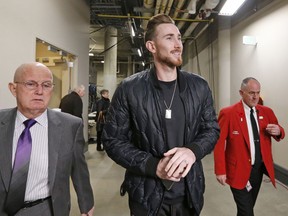 Boston Celtics forward Gordon Hayward arrives for the NBA basketball game against the Utah Jazz Friday Nov. 9, 2018, in Salt Lake City.