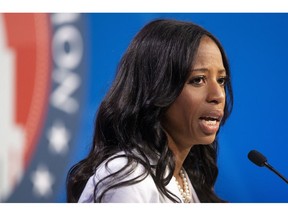 FILE - In this Oct. 15, 2018, file photo, U.S. Rep. Mia Love answers a question as she and Salt Lake County Mayor Ben McAdams participate in a debate in Sandy, Utah, as the two battle for Utah's 4th Congressional District. McAdams declared victory Monday, Nov. 19, 2018, in the tight race, but Love didn't concede and The Associated Press has not called the race.