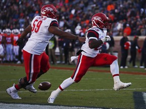 Liberty running back Frankie Hickson (23) celebrates with offensive lineman Damian Bounds (59) in the first half of an NCAA college football game against Virginia  Saturday, Nov. 10, 2018, in Charlottesville, Va.