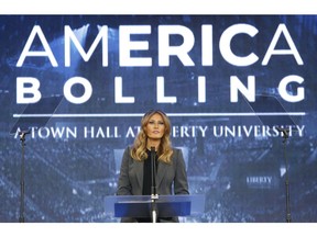 First lady Melania Trump speaks during a town hall meeting on opioid addiction at Liberty University in Lynchburg, Va., Wednesday, Nov. 28, 2018.