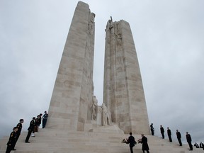 Canadian Prime Minister Justin Trudeau lays a wreath at the Canadian National Vimy Memorial on Nov. 10, 2018, at Vimy Ridge, France.