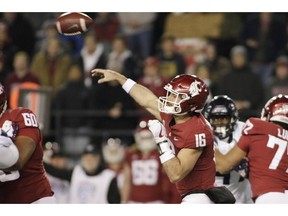 Washington State quarterback Gardner Minshew II (16) throws a pass during the first half of the team's NCAA college football game against Arizona in Pullman, Wash., Saturday, Nov. 17, 2018.