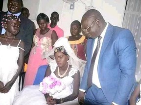 Images from the ceremony show the disconsolate bride (left) and her new husband (right).