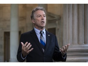 In this July 17, 2018 file photo, Sen. Rand Paul, R-Ky., talks during a television interview on Capitol Hill in Washington.
