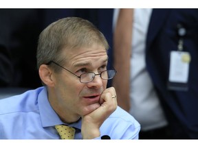 FILE - In this July 12, 2018, file photo, Rep. Jim Jordan, R-Ohio attends a joint hearing on, "oversight of FBI and Department of Justice actions surrounding the 2016 election" on Capitol Hill in Washington. Frustration and finger-pointing spilled over at a private meeting of House Republicans late Tuesday, Nov. 13, as lawmakers sorted through an election that cost the majority and began considering new leaders. The speaker's gavel now out of reach, Republican Kevin McCarthy, an ally of President Donald Trump, is poised to be minority leader. But he faces a challenge from Jordan of the conservative Freedom Caucus.