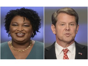 This combination of May 20, 2018, photos shows Georgia gubernatorial candidates Stacey Abrams, left, and Brian Kemp in Atlanta.