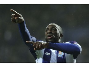 Porto forward Moussa Marega celebrates after scoring his side's second goal during the Champions League group D soccer match between FC Porto and Lokomotiv Moscow at the Dragao stadium in Porto, Portugal, Tuesday, Nov. 6, 2018.