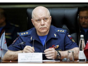 In this Aug. 25, 2017, photo, Gen. Col. Igor Korobov, the head of the Main Directorate of the General Staff of the Russian Armed Forces, speaks during a news conference in the Russian Defense Ministry's headquarters in Moscow, Russia. The head of the Russian military intelligence agency GRU which has been accused of meddling in the U.S. elections has died in Moscow. He was 62. The Defense Ministry said Thursday, Nov. 22, 2018, in a statement that Korobov, who led the GRU since 2016, died Wednesday of "a lengthy and grave illness," a usual Russian euphemism for cancer. (Russian Defense Ministry Press Service via AP)