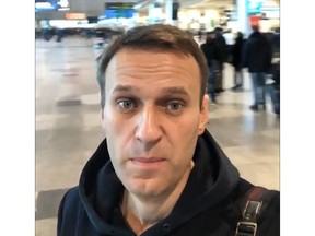 In this selfie photo released by Anti-corruption Foundation Press Service, Russian anti-corruption crusader Alexei Navalny at Domodedovo international airport outside Moscow, Russia, Tuesday, Nov. 13, 2018. Navalny was stopped at the border Tuesday and barred from leaving Russia as he was about to travel to a court hearing at the European Court for Human Rights in France.