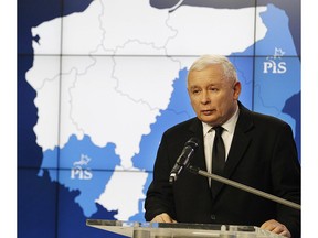 The leader of Poland's populist ruling party, Jaroslaw Kaczynski, hails its showing in local elections as an "all-out victory" despite the party's failure to win mayoral races in any of Poland's large cities, during a statement to the media at the party headquarters in Warsaw, Poland, Tuesday, Nov. 6, 2018.