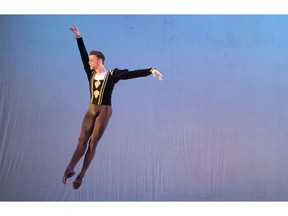 In this Oct. 29, 2018 photo, Cuban expatriate ballet dancer Taras Domitro performs in Havana, Cuba. Dancers had written a letter requesting permission to return and, unlike in previous years, ballet director Alicia Alonso, now 96, and the then-Minister of Culture expressed no objection to the their return, according to a Cuban official with knowledge of the process who spoke on condition of anonymity because he was not authorized to discuss the process.