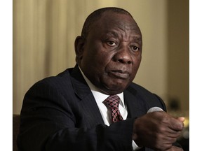 South African President Cyril Ramaphosa addresses members of the Foreign Correspondents Association in Johannesburg, Thursday, Nov. 1, 2018.  Ramaphosa said his country has survived a "dark period" when corruption was rampant and is now focused on achieving economic growth and land reform to win popular support in general elections next year.
