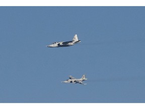 Ukrainian fighter jets fly during military exercise near Urzuf, south coast of Azov sea, eastern Ukraine, Thursday, Nov. 29, 2018. Ukraine put its military forces on high combat alert and announced martial law this week after Russian border guards fired on and seized three Ukrainian ships in the Black Sea.