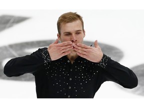 Alexei Krasnozhon of the U.S. performs in the men's free skating during the ISU Grand Prix of Figure Skating Rostelecom Cup in Moscow, Russia, Saturday, Nov. 17, 2018.