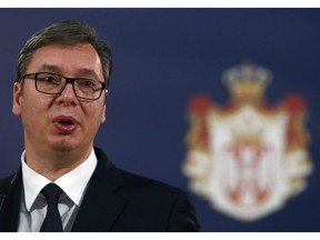 Serbian President Aleksandar Vucic speaks during a press conference in Belgrade, Serbia, Tuesday, Nov. 20, 2018. Kosovo's bid to join Interpol failed on Tuesday during a vote at the body's annual general assembly, dealing a blow to the country's efforts to boost recognition of its statehood. The failed bid also marks a significant setback for Kosovo, which if approved would have been able to file "red notices" of arrest for Serbian officials they consider as war criminals.