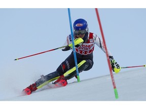 United States's Mikaela Shiffrin competes during the first run of an alpine ski, women's World Cup slalom, in Levi, Finland, Saturday, Nov. 17, 2018.